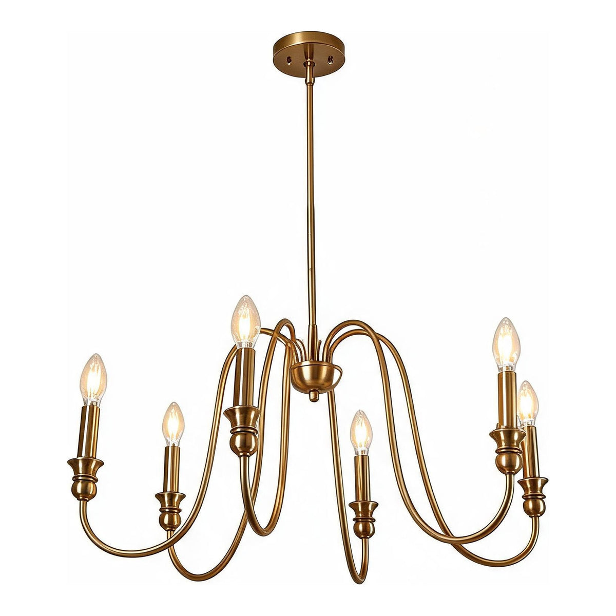 Gold Six-Light Candle Chandelier with U-Shaped Arms, Adjustable