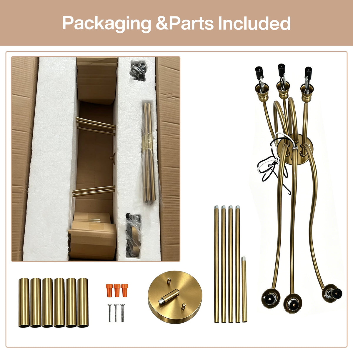 Gold six-light chandelier with adjustable U-shaped arms and mounting hardware shown unpacked