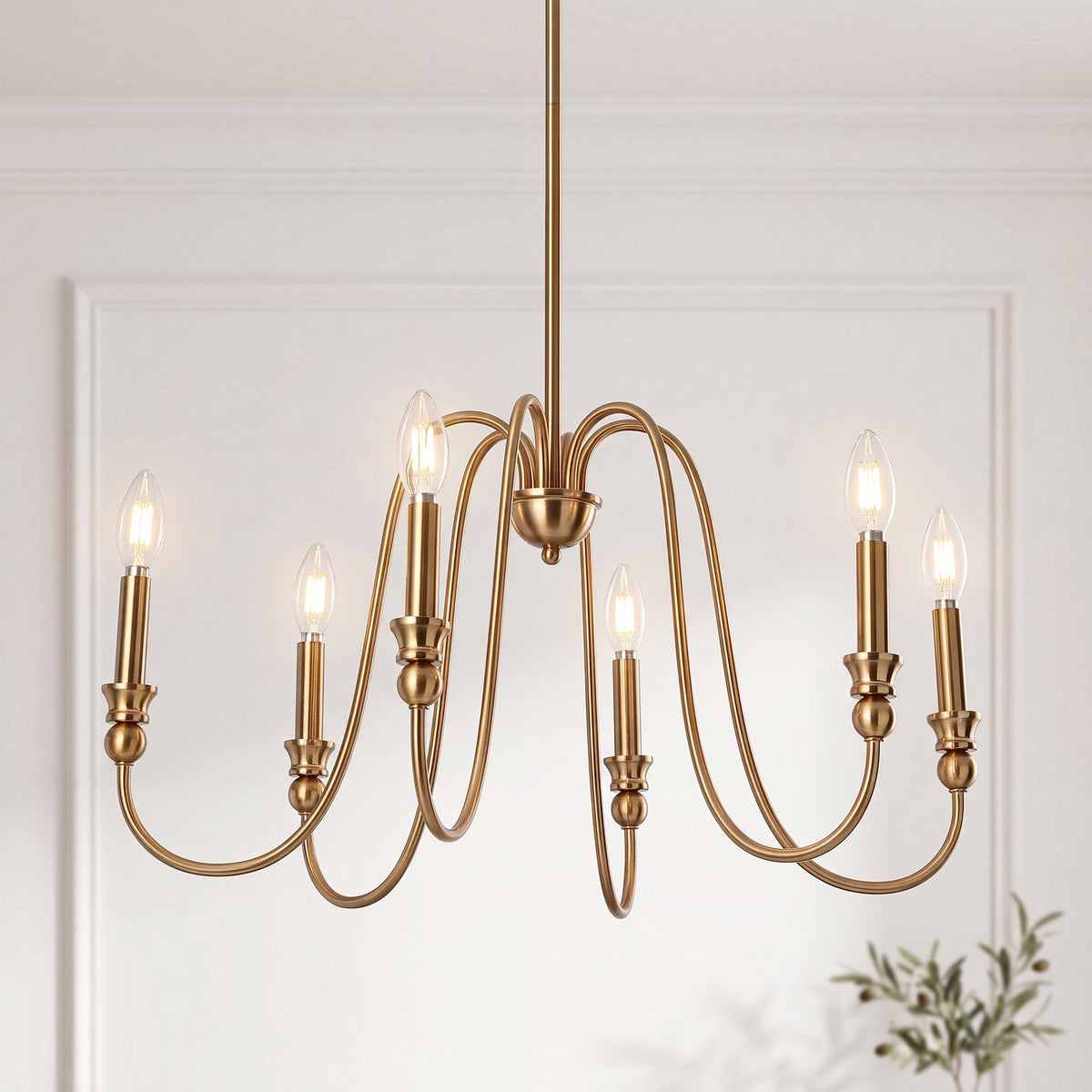 Gold Six-Light Candle Chandelier with U-Shaped Arms, Adjustable