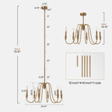 Gold six-light chandelier with U-shaped arms, adjustable height 22.15"–70.15", 12" and 6" rods