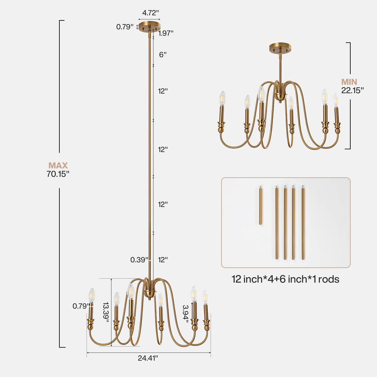 Gold Six-Light Candle Chandelier with U-Shaped Arms, Adjustable