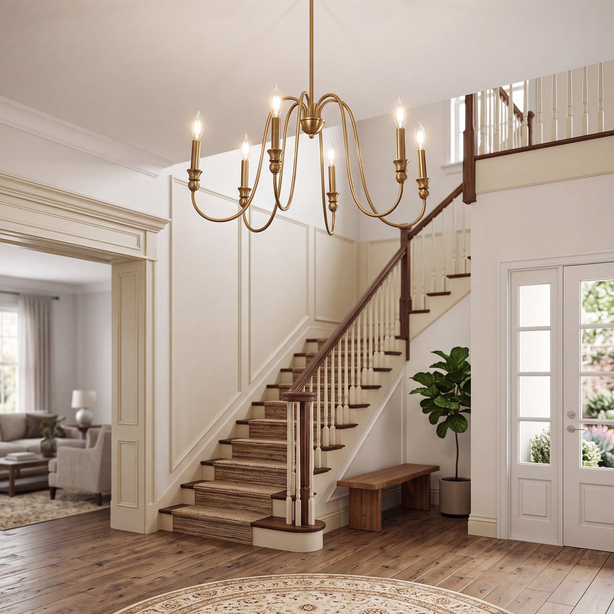 Gold Six-Light Candle Chandelier with U-Shaped Arms, Adjustable