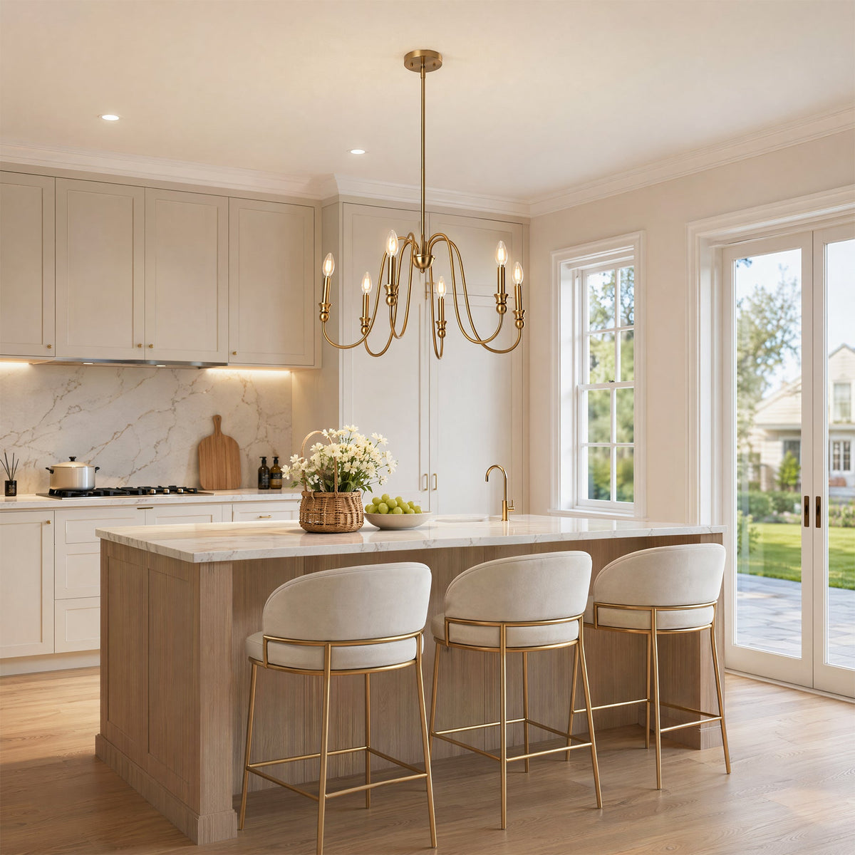 Gold six-light candle chandelier with U-shaped arms hanging over a kitchen island