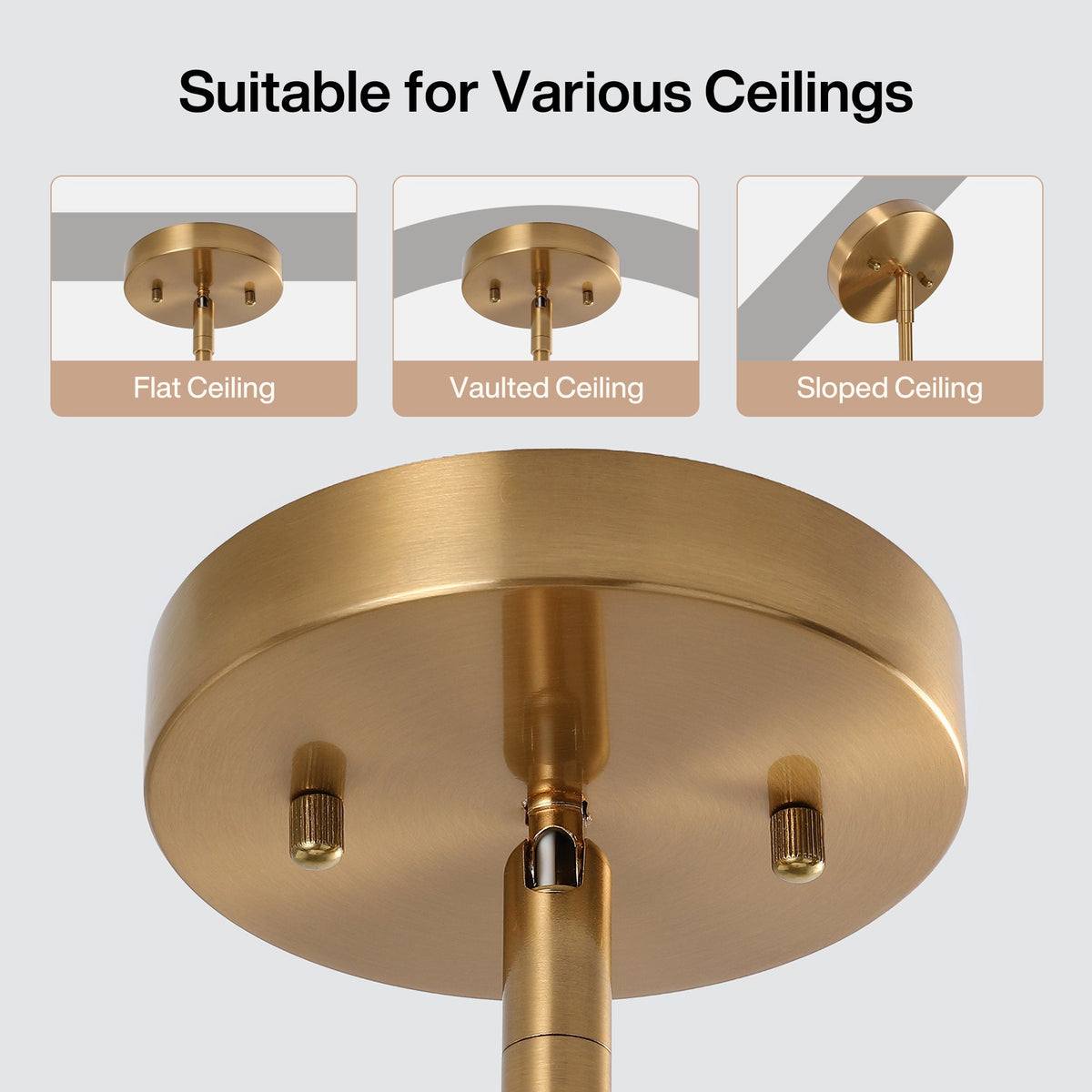 Gold chandelier ceiling mount shown from below, suitable for flat, vaulted, and sloped ceilings