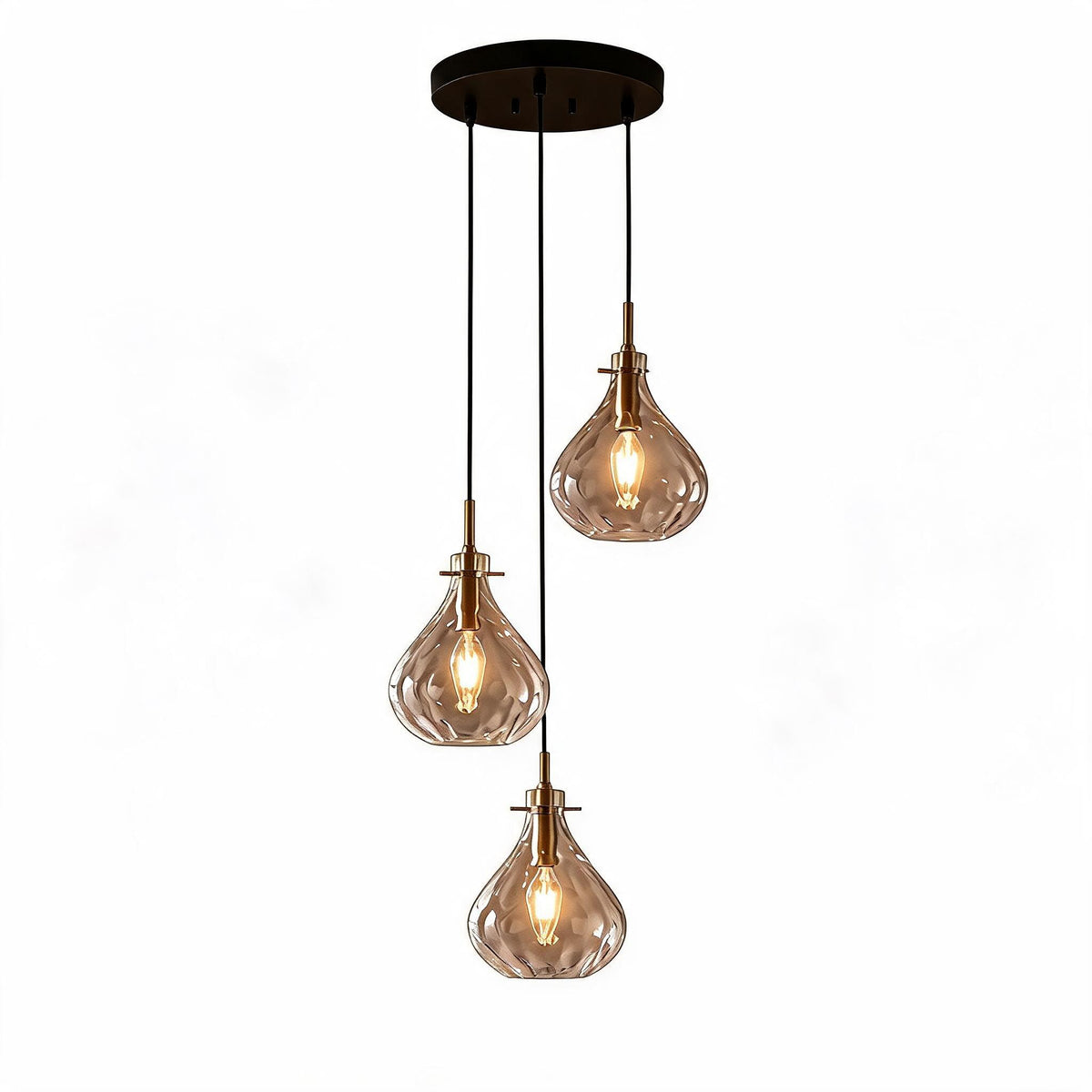 Black and Gold Three-Light Pendant with Water Ripple Glass, Adjustable