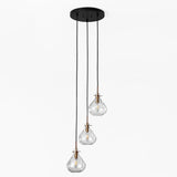 Black and gold three-light pendant with water ripple glass, shown from front at angle