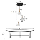 Black and gold three-light pendant with water ripple glass, 11.8" wide, 66.93" max height, shown over 60" table