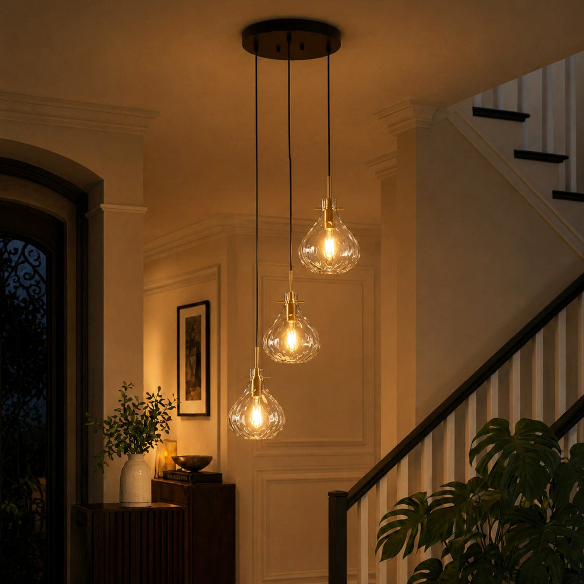 Black and Gold Three-Light Pendant with Water Ripple Glass, Adjustable