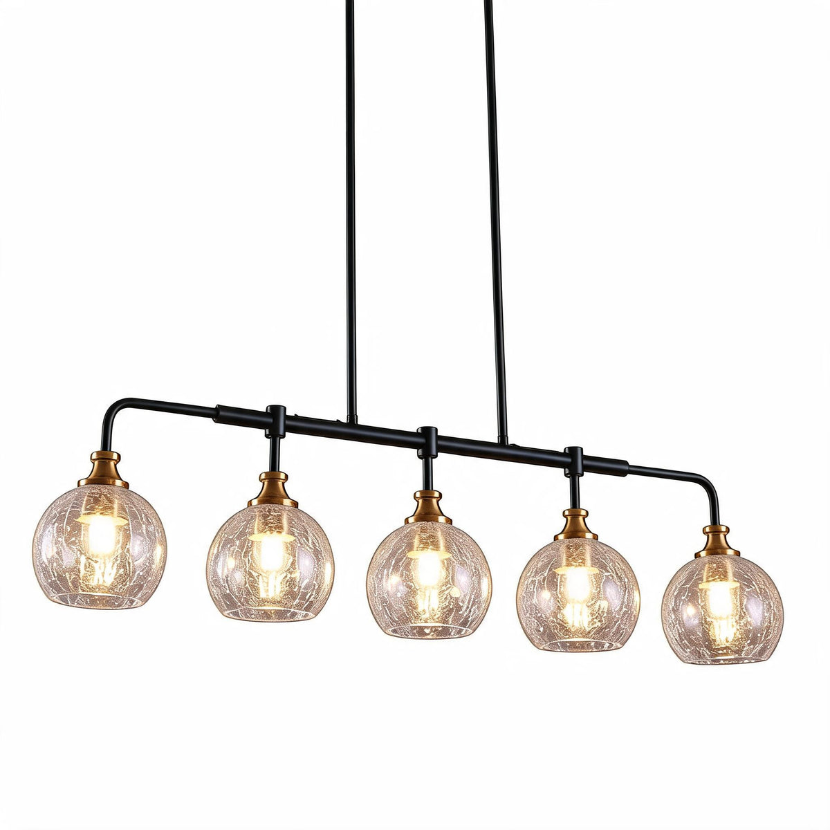 Five-light chandelier with crackle glass shades, black metal frame, and gold accents, shown from front