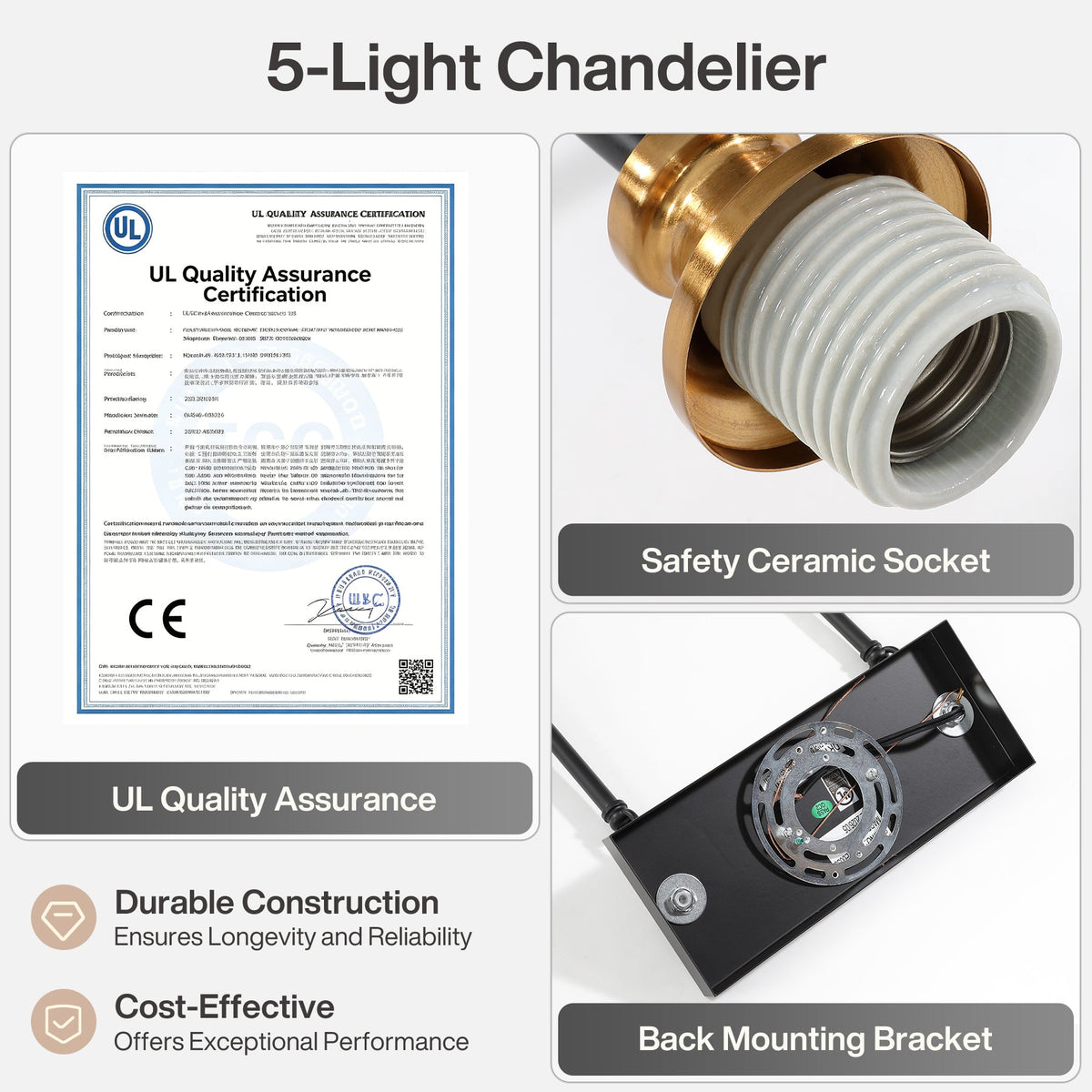 Close-up of chandelier's safety ceramic socket and back mounting bracket, black and gold finish