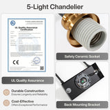 Close-up of chandelier's safety ceramic socket and back mounting bracket, black and gold finish