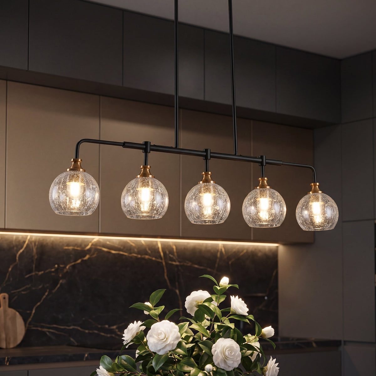 Five-Light Kitchen Island Chandelier, Crackle Glass, Black and Gold