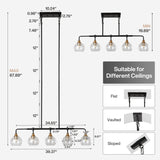Five-light chandelier with crackle glass shades, black and gold finish, showing dimensions and ceiling mount options