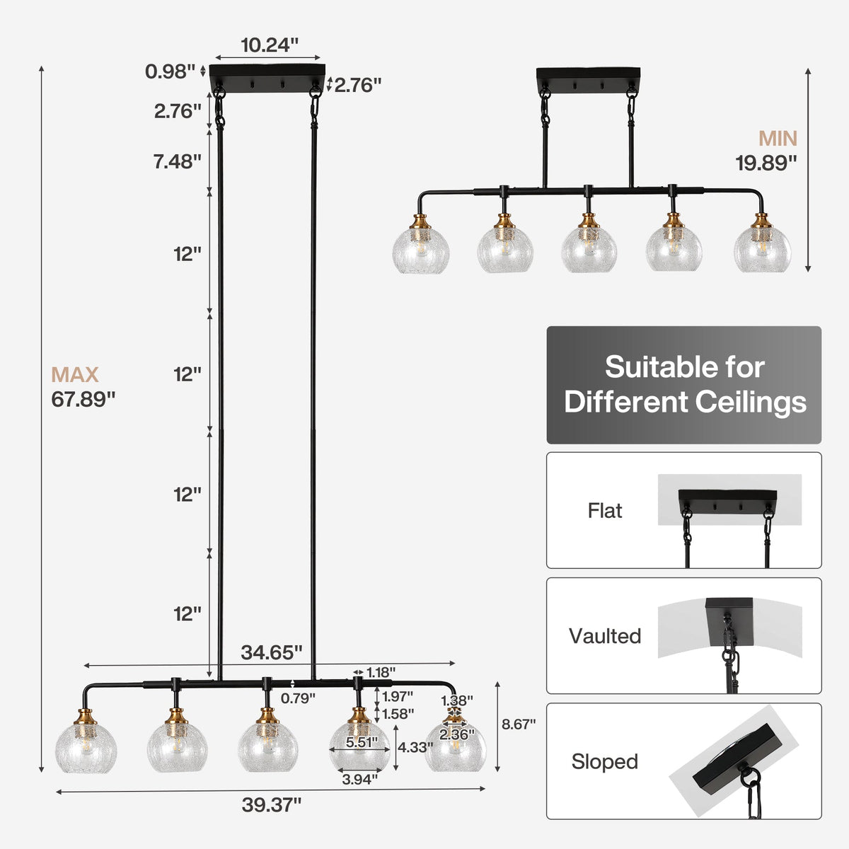 Five-Light Kitchen Island Chandelier, Crackle Glass, Black and Gold