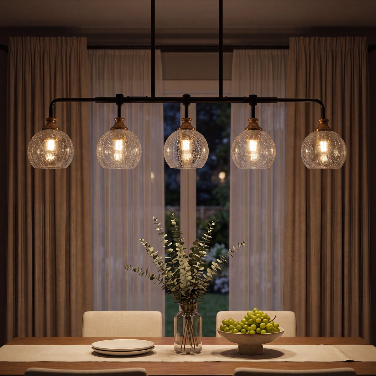 Five-Light Kitchen Island Chandelier, Crackle Glass, Black and Gold