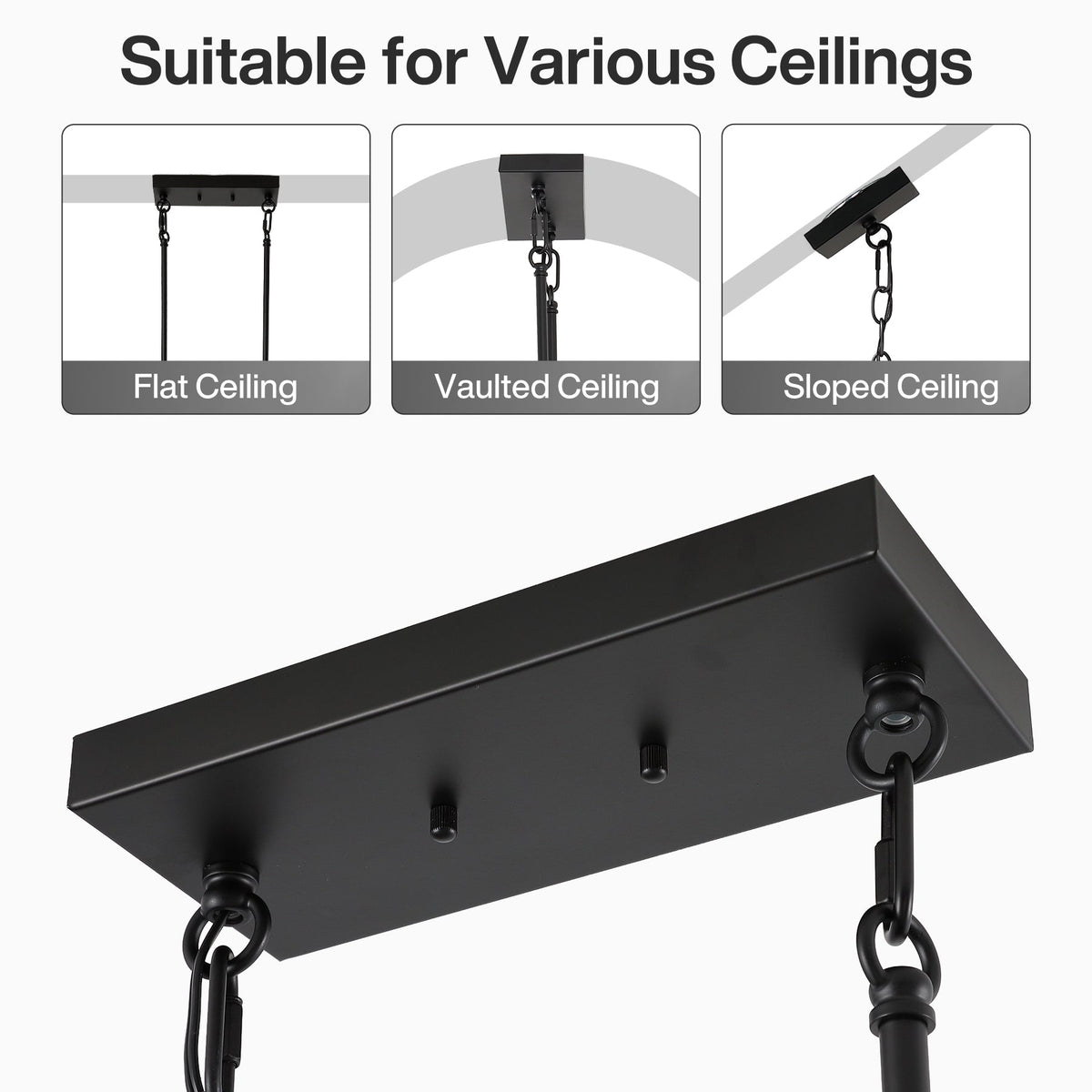 Black rectangular chandelier canopy with chains, shown for flat, vaulted, and sloped ceilings