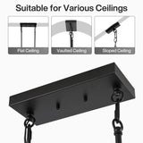 Black rectangular chandelier canopy with chains, shown for flat, vaulted, and sloped ceilings