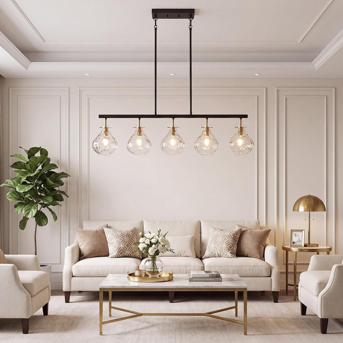 Black and gold five-light linear chandelier with ripple glass shades hanging in a living room