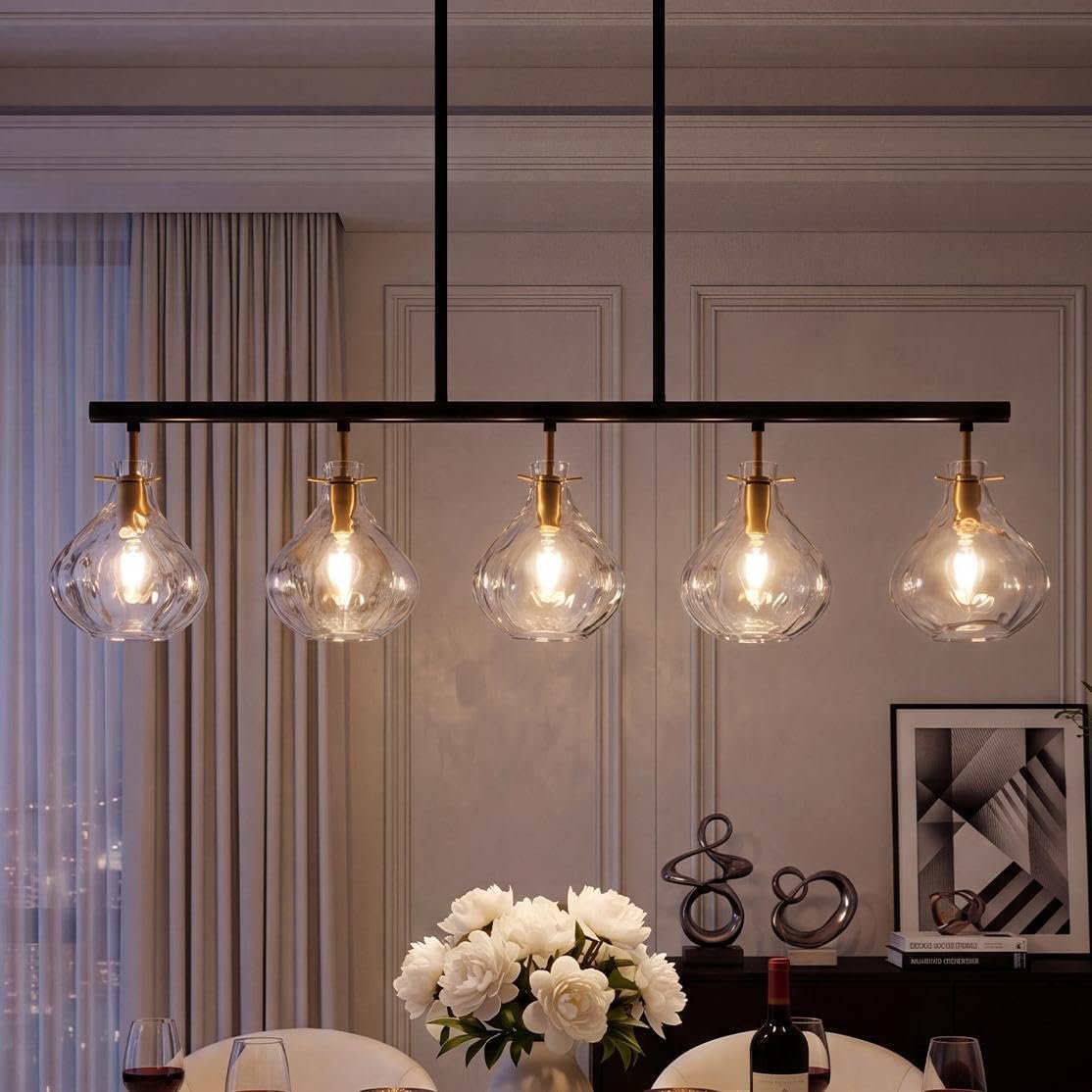 Five-Light Linear Chandelier, Ripple Glass Shades, Black and Gold