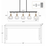 Five-light linear chandelier with ripple glass shades, black and gold, 39.37" wide, 9.45" high, shown over 60" x 36" table