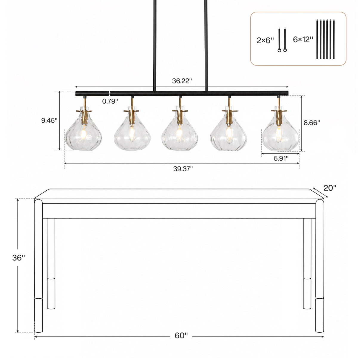 Five-Light Linear Chandelier, Ripple Glass Shades, Black and Gold