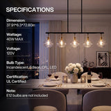 Five-light black linear chandelier with gold accents and ripple glass shades over a dining table