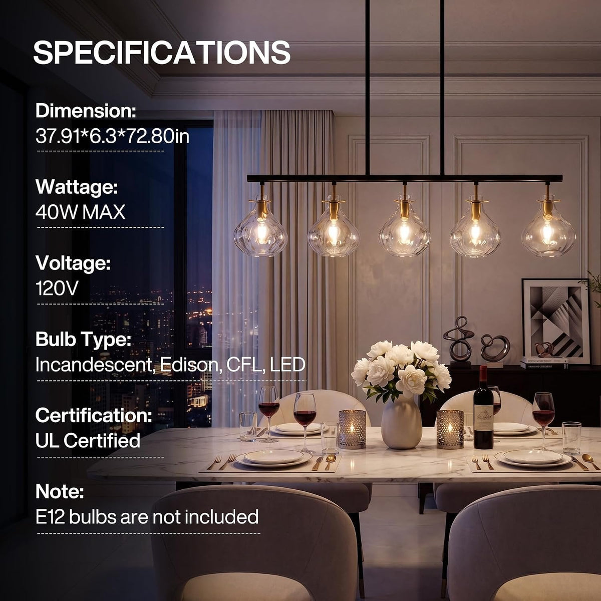 Five-Light Linear Chandelier, Ripple Glass Shades, Black and Gold