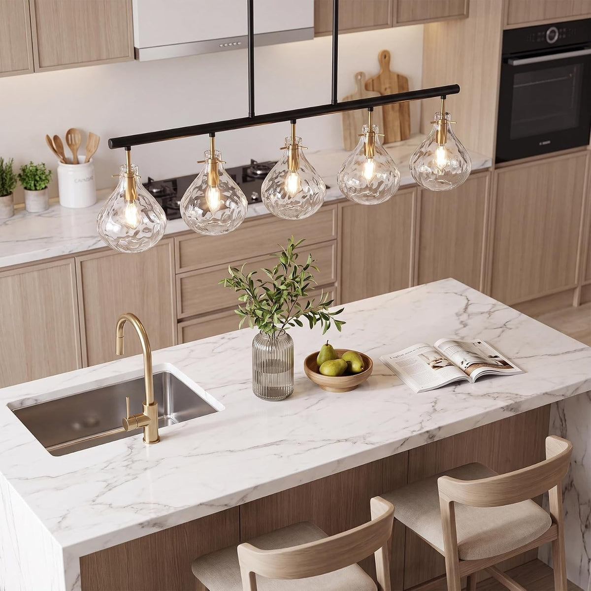 Five-Light Linear Chandelier, Ripple Glass Shades, Black and Gold