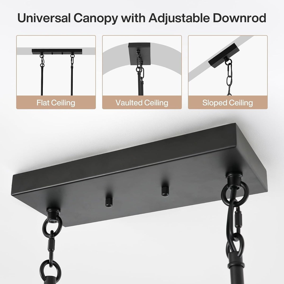 Black rectangular canopy with adjustable downrod for flat, vaulted, or sloped ceilings