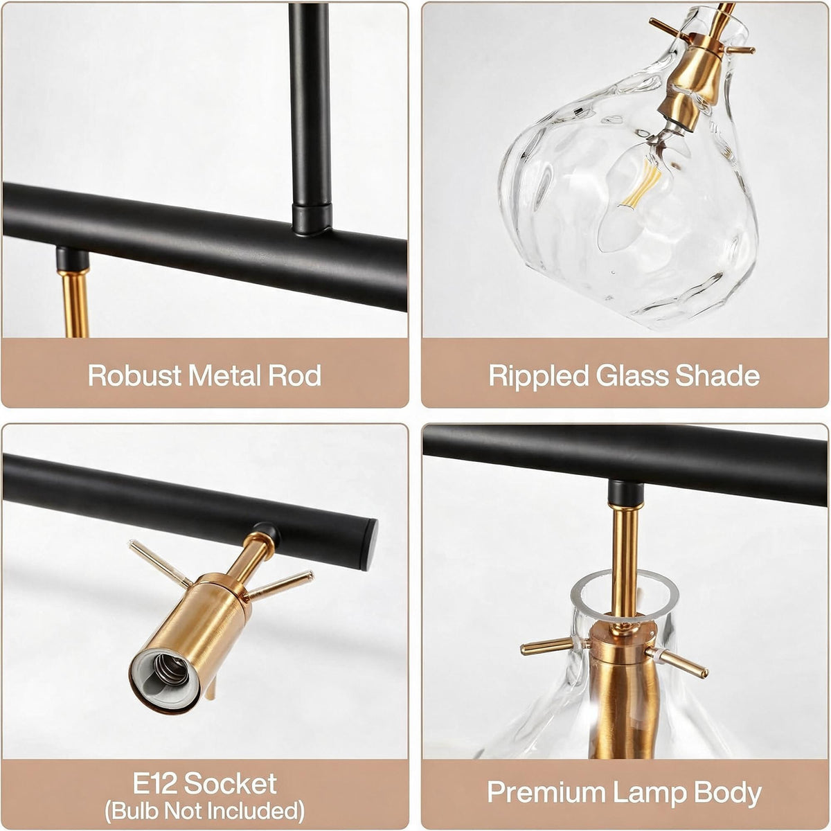 Five-light chandelier with black metal rods and gold accents, featuring rippled glass shades