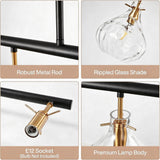 Five-light chandelier with black metal rods and gold accents, featuring rippled glass shades