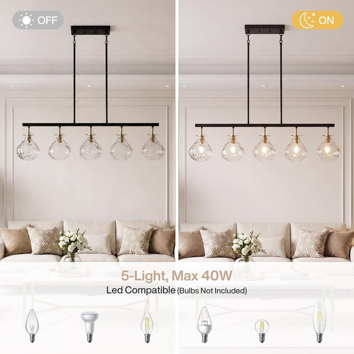 Five-light black linear chandelier with gold accents and ripple glass shades, shown in a living room setting with bulbs on and off