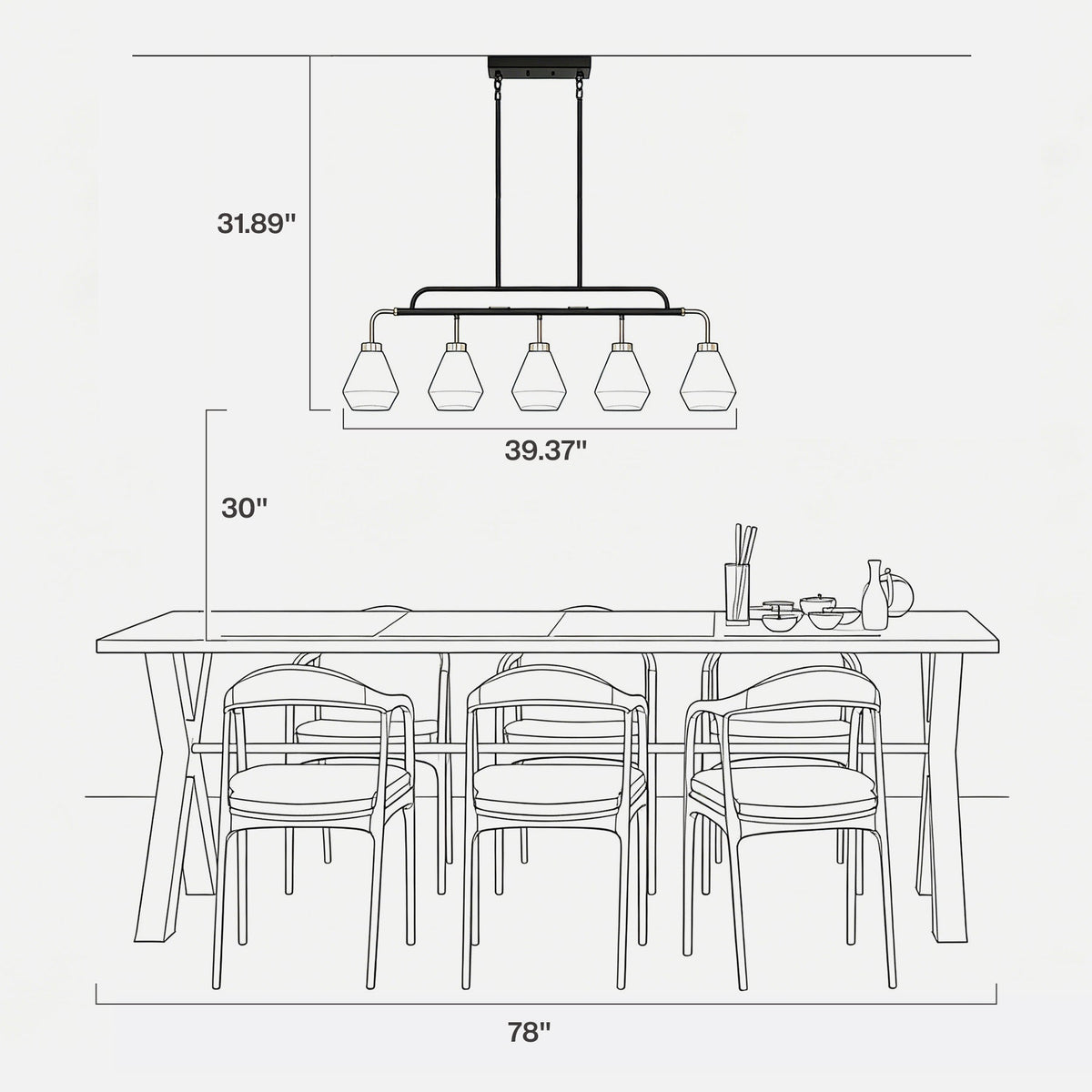 Five-light kitchen island light with frosted white glass shades, black and brass finish, shown above 78" table with dimensions 39.37" wide and 31.89" hanging height