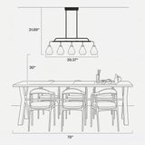 Five-light kitchen island light with frosted white glass shades, black and brass finish, shown above 78" table with dimensions 39.37" wide and 31.89" hanging height