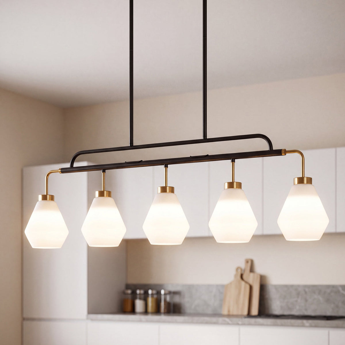 Five-Light Kitchen Island Light, Frosted White Glass, Black and Brass