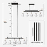 Five-light kitchen island pendant with frosted white glass shades, black metal frame, and brass accents; dimensions shown