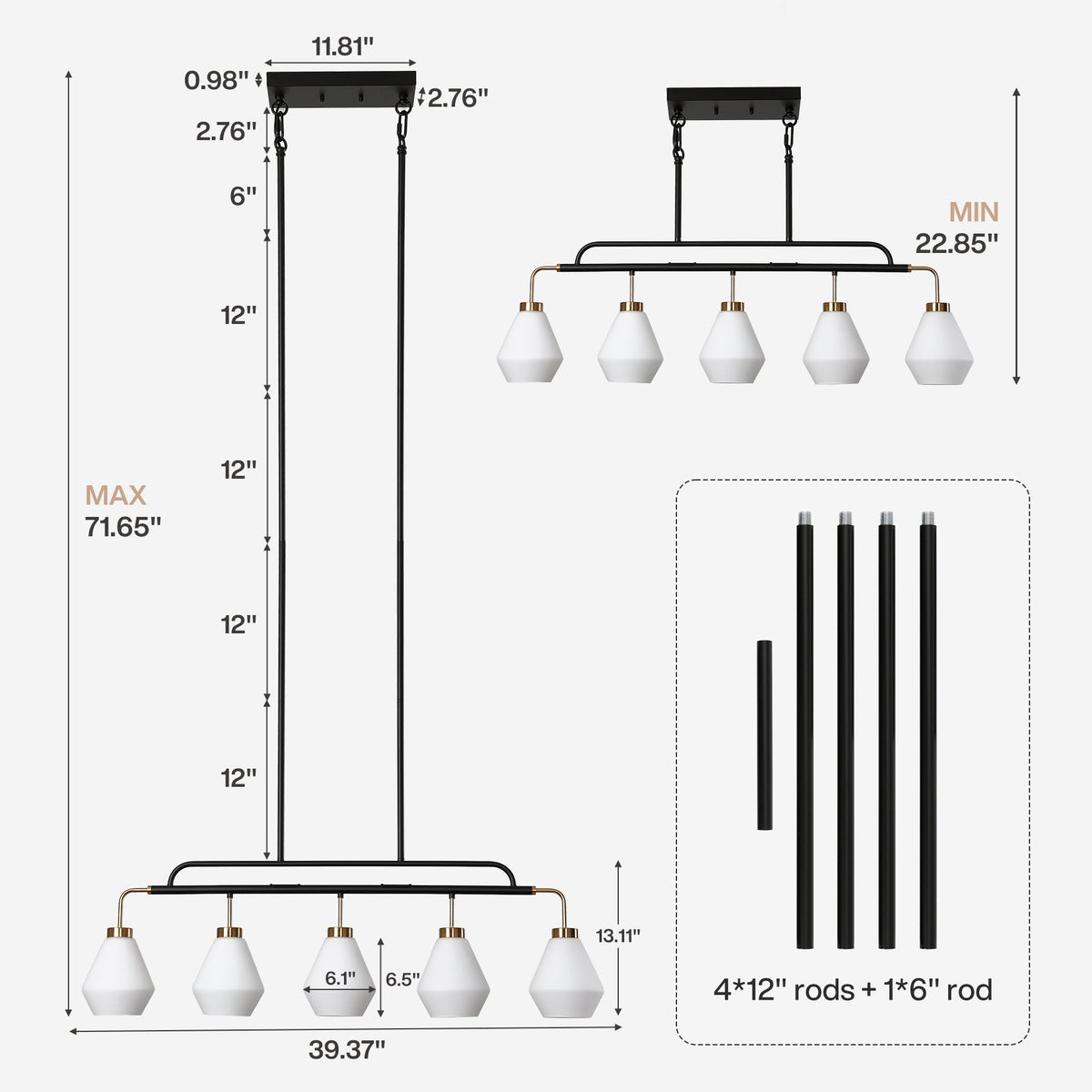 Five-Light Kitchen Island Light, Frosted White Glass, Black and Brass