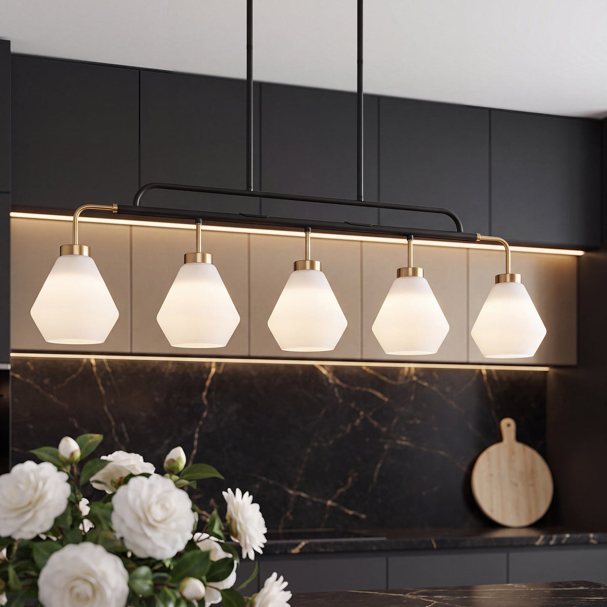 Five-Light Kitchen Island Light, Frosted White Glass, Black and Brass