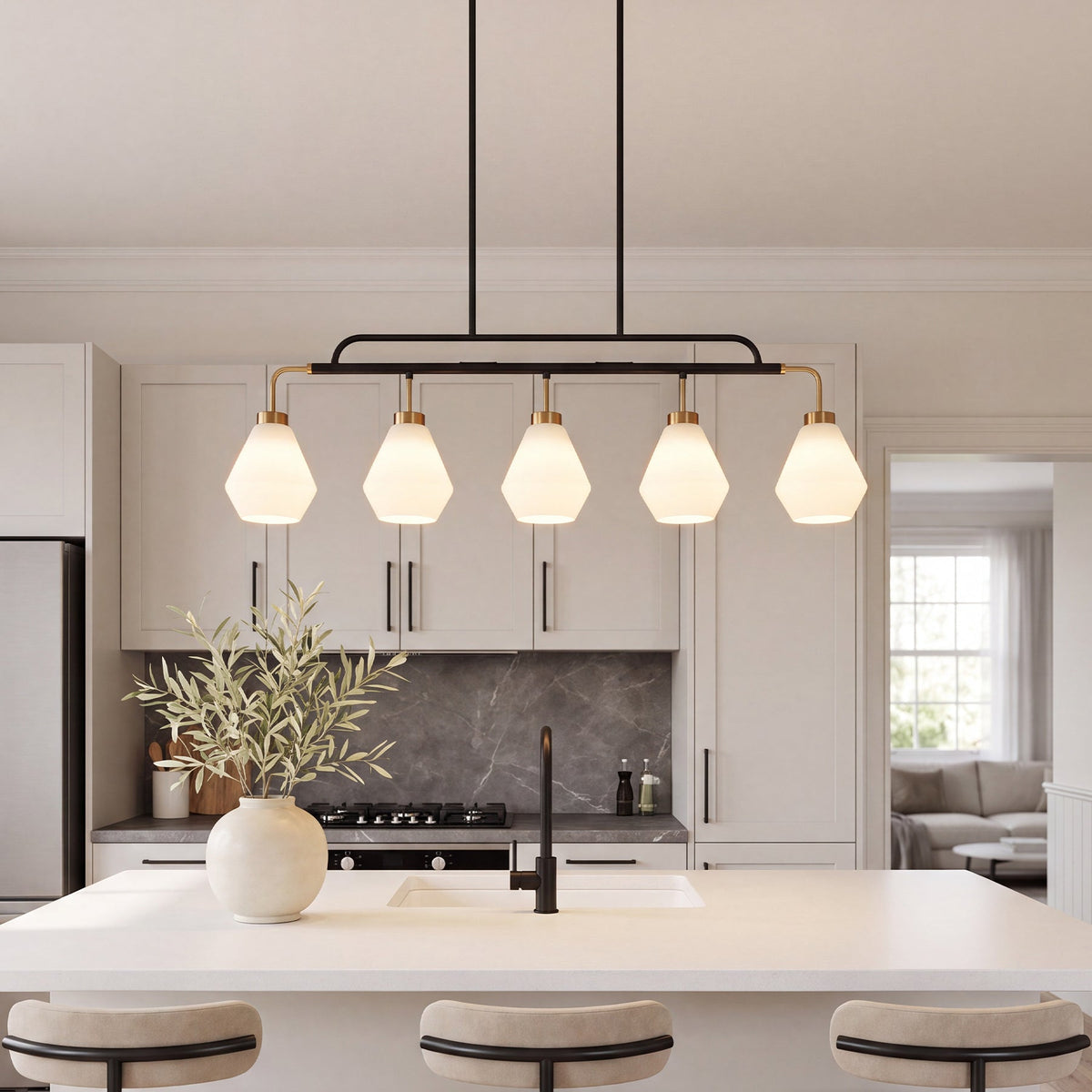 Five-Light Kitchen Island Light, Frosted White Glass, Black and Brass