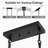 Black rectangular ceiling mount for five-light kitchen island light, shown with chain suspension