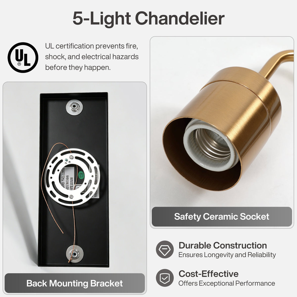 Close-up of brass socket and back mounting bracket for five-light chandelier