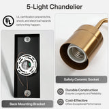 Close-up of brass socket and back mounting bracket for five-light chandelier