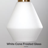 White frosted glass cone pendant light with brass top, shown from front angle