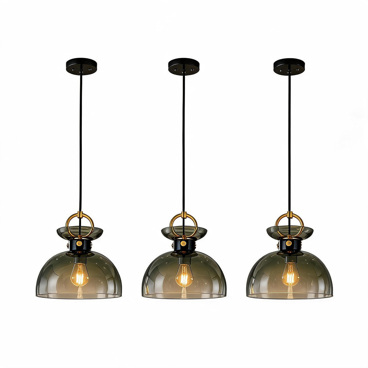 Brass Pendant Light with Gradient Green Glass Dome Shade, Adjustable