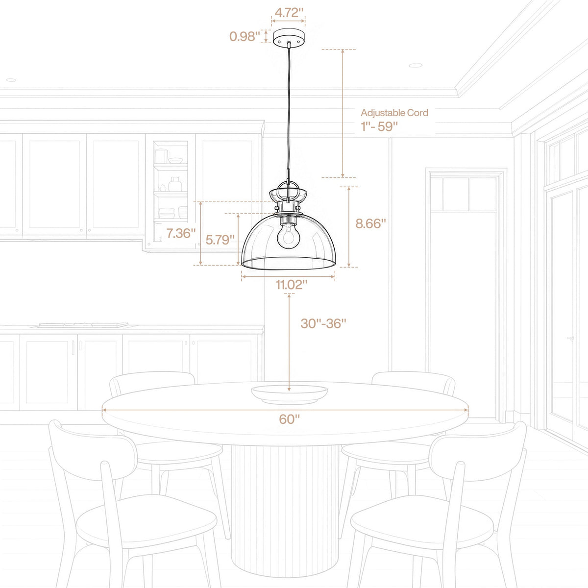 Brass pendant light with gradient green glass dome shade, 60" round table, 30"-36" hanging height