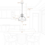 Brass pendant light with gradient green glass dome shade, 60" round table, 30"-36" hanging height