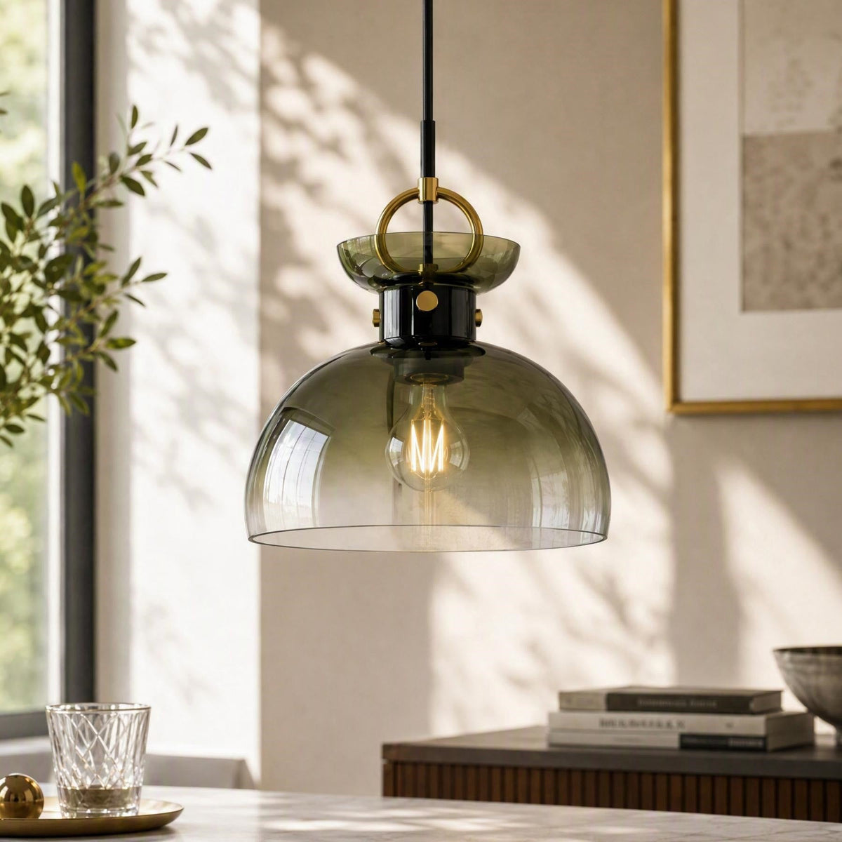 Brass Pendant Light with Gradient Green Glass Dome Shade, Adjustable