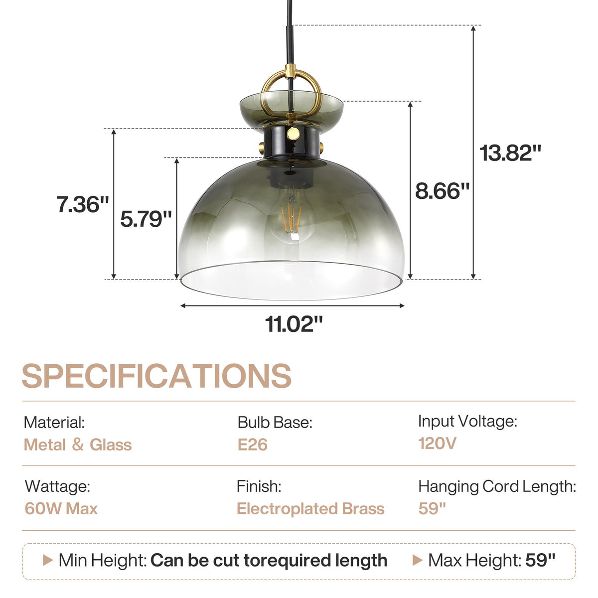 Brass Pendant Light with Gradient Green Glass Dome Shade, Adjustable