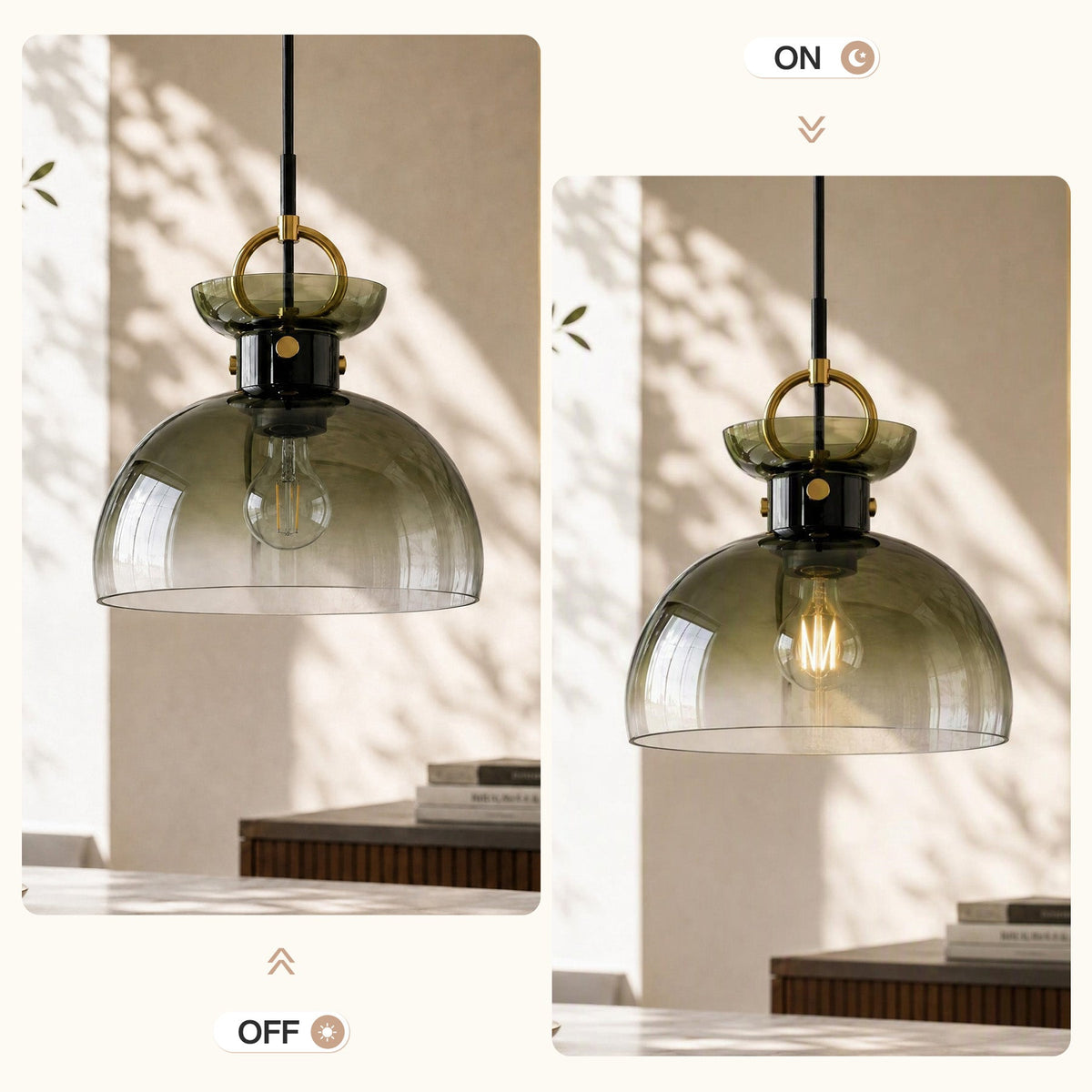 Brass pendant light with gradient green glass dome shade, shown lit in a room with natural light