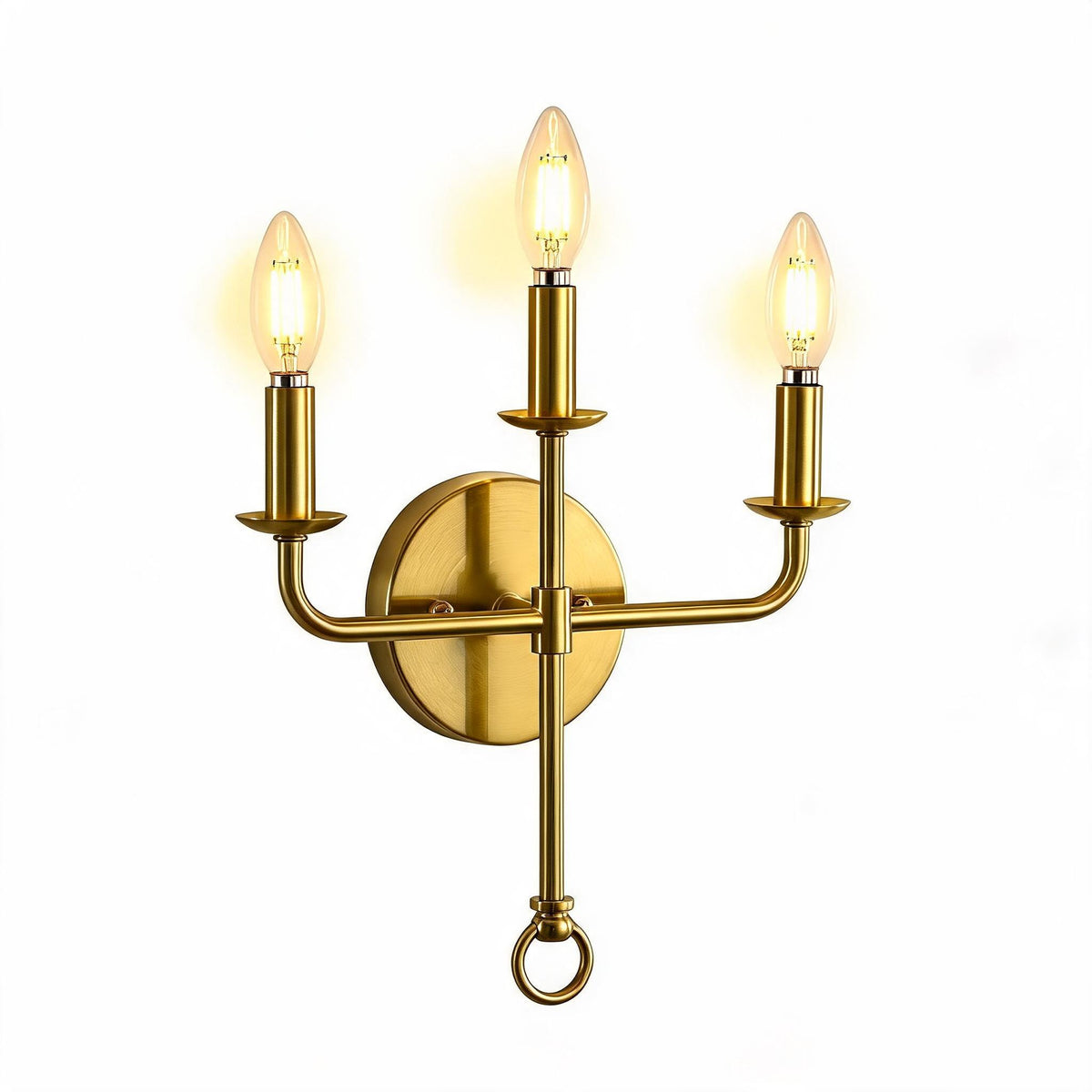 Three-Light Gold Wall Sconce, Brass Candle Wall Light for Bedroom